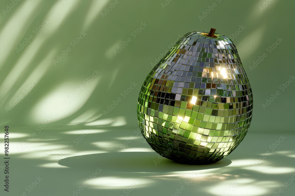 Poster 3d rendering of a green pear covered with a reflective disco ball surface, on a green background wit