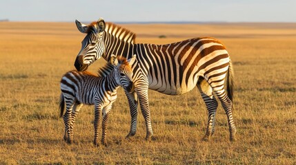 Obraz premium Mother and Baby Zebra in Morning Light on Wide Plain