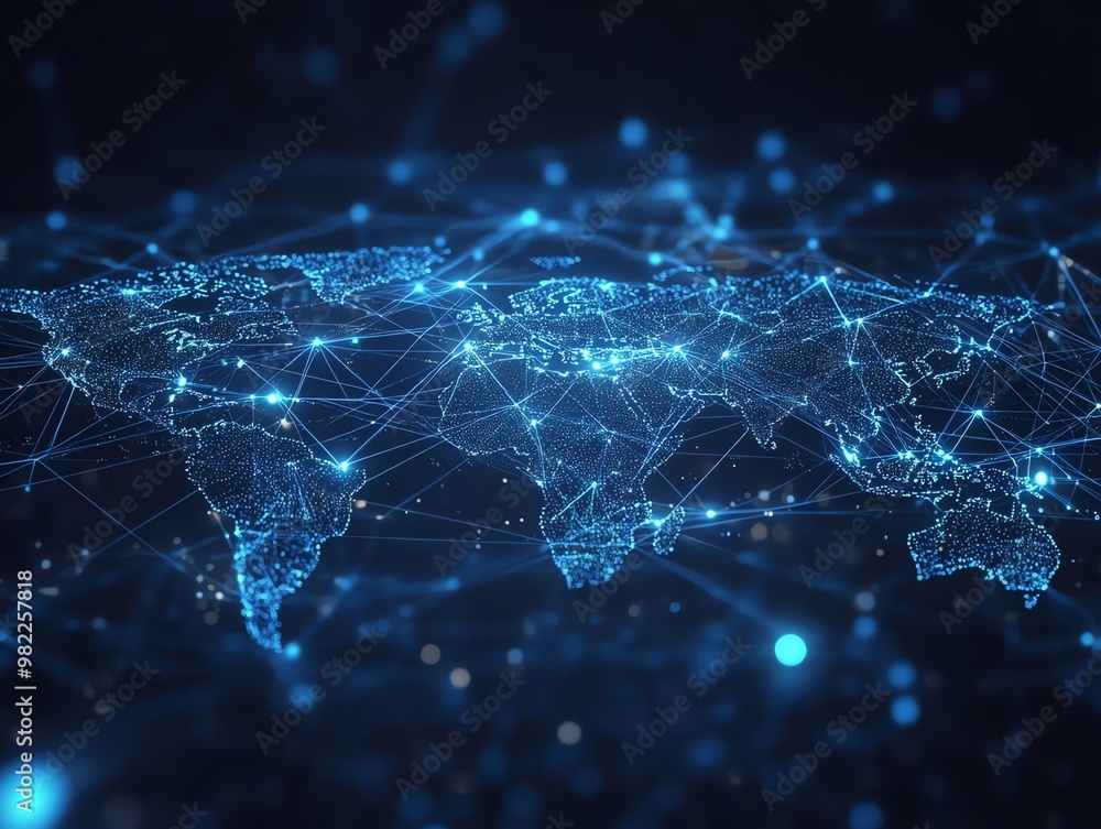 Poster blue glowing world map with connections, representing global networking and connectivity.