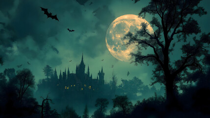 halloween night background with big moon and bats