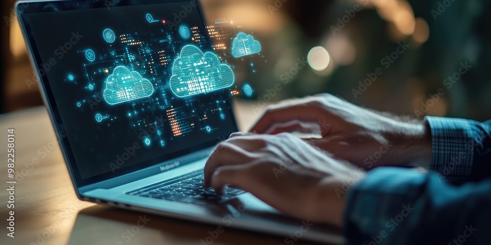 Poster a man uses a laptop while a cloud computing diagram appears above his hand, illustrating cloud techn
