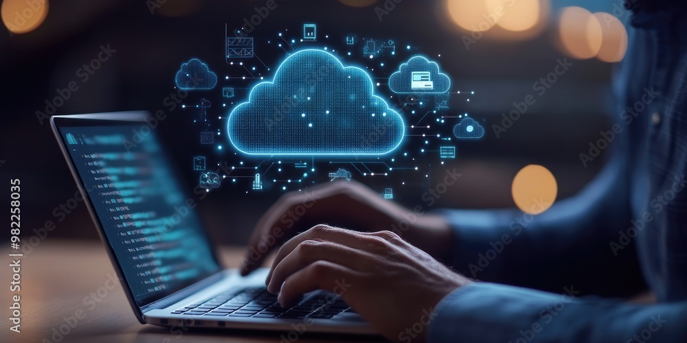 Aufkleber a man uses a laptop while a cloud computing diagram appears above his hand, illustrating cloud techn