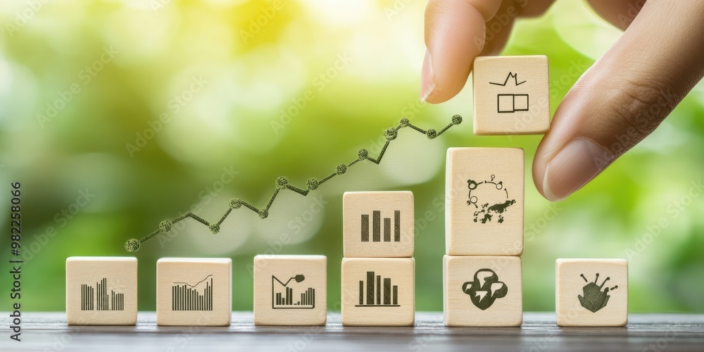 Poster business strategy and action plan concept. a hand stacks wooden blocks with business strategy icons,