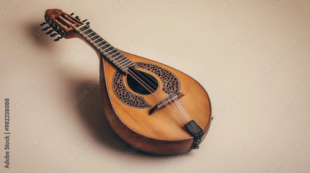 Poster mandolin with its intricate wooden body and strings