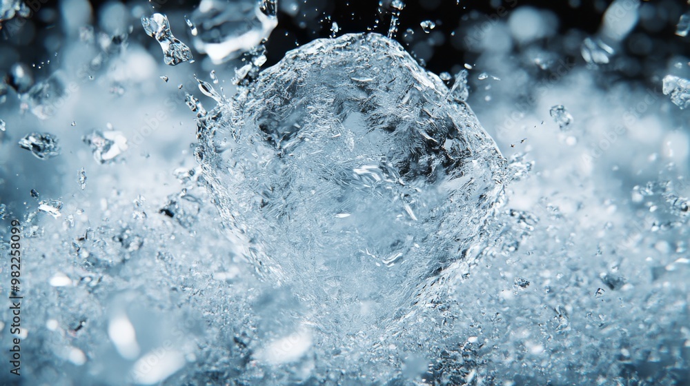 Poster close-up of a large ice cube breaking apart with smaller ice shards flying away