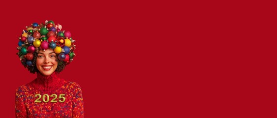 Fototapeta premium Christmas and New Year card concept for sending best wishes. A beautiful smiling girl symbolizes the new year. Her hair is decorated decorations for the Christmas tree and her sweater has a 2025.