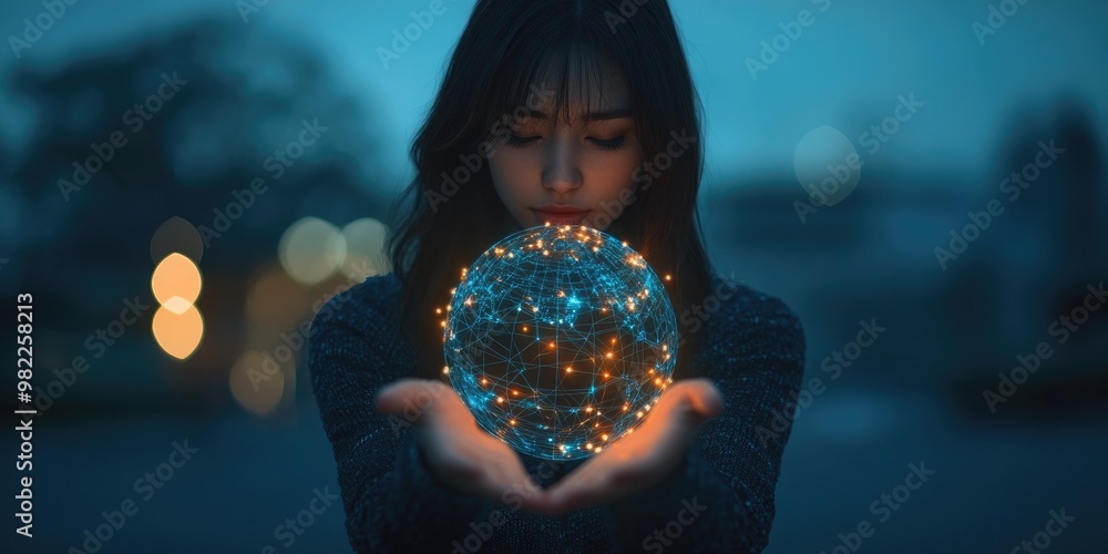Poster a woman holds a virtual global internet connection, representing the metaverse and advancements in b