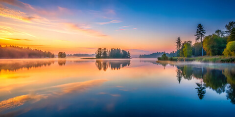 Fototapeta premium Serenity at Dawn A lake reflecting the first light, capturing the calmness of nature's morning grace, serene, dawn, reflections
