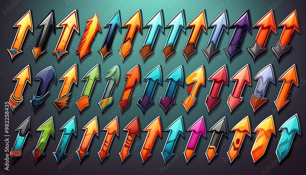 Poster a vibrant collection of stylized arrows in various colors, illustrating direction and movement, perf