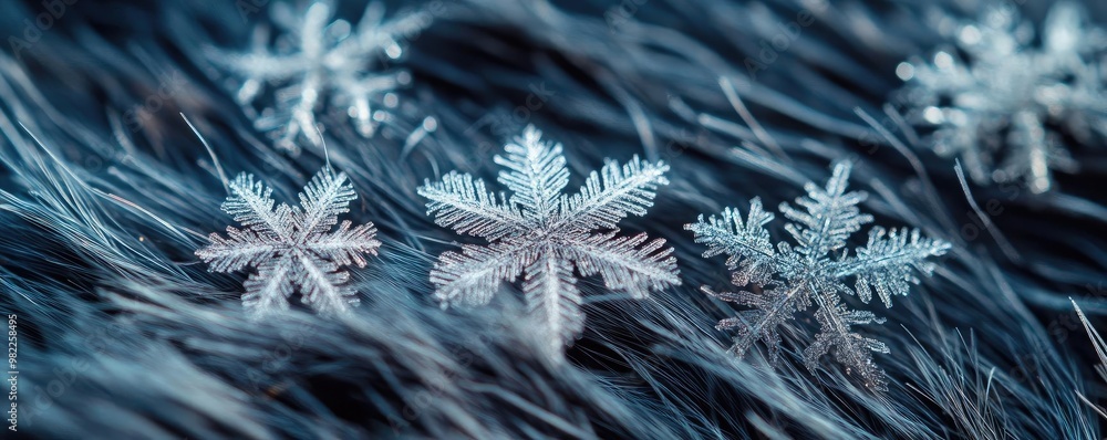 Poster close-up of delicate snowflakes resting on soft fur, showcasing intricate patterns and winter beauty