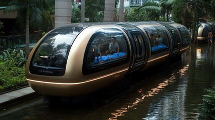 Futuristic transportation pod gliding through lush greenery, offering a modern travel experience in a serene setting.