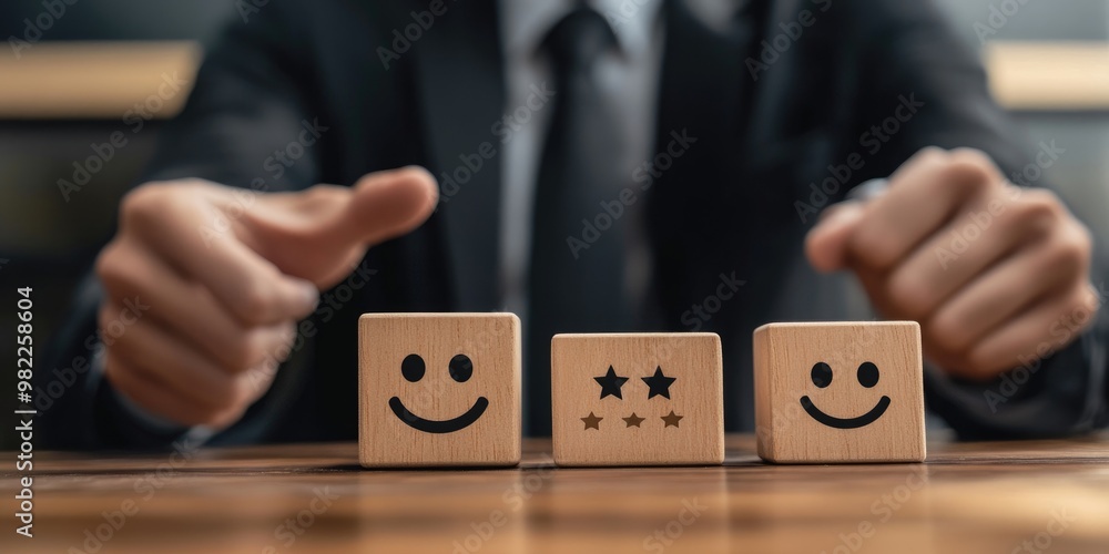 Poster a businessman selects a smiley face on a wooden block, signifying excellent business services and a 