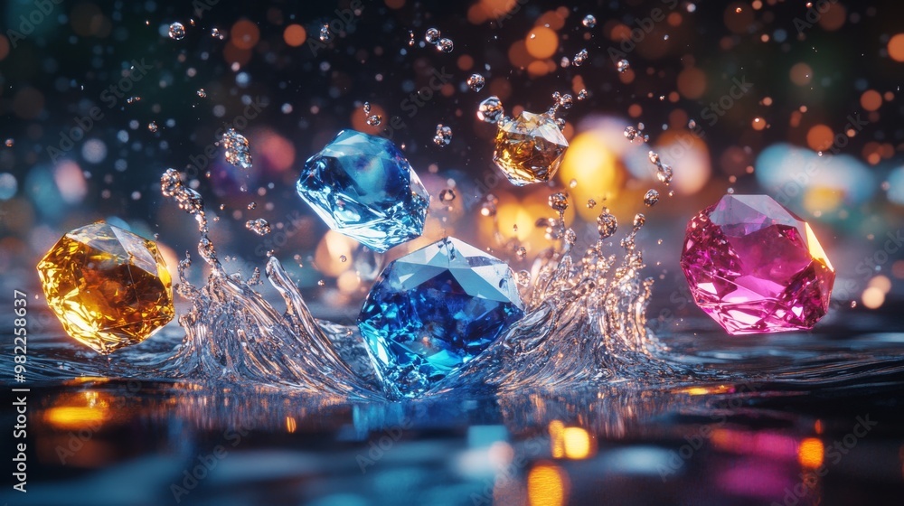 Poster colorful gemstones splashing into water with a bokeh background
