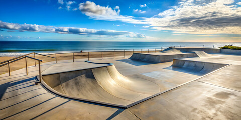 Obraz premium Empty skate park ramp on a beach with ocean in the background, skate park, ramp, empty, seaside, beach, outdoor
