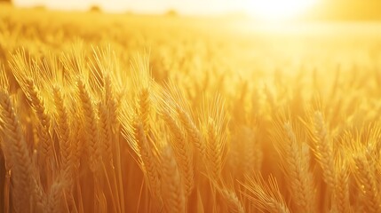Obraz premium Golden wheat field under a warm sunset, showcasing nature's beauty and the bounty of harvest season.