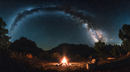 A stunning view of starry night sky featuring Milky Way arching over cozy campfire. scene captures tranquility of nature, with silhouettes of mountains and trees enhancing serene atmosphere