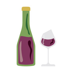 Wine bottle and glass with red wine. Vector illustration of glass bottle with alcohol, glass goblet
