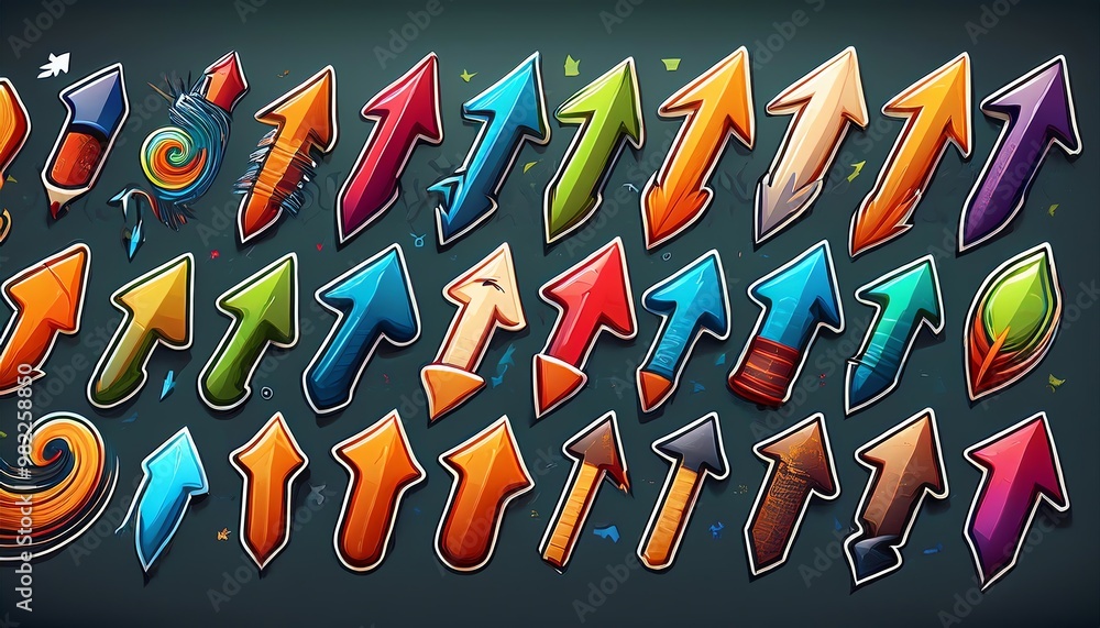 Poster a colorful collection of various arrow icons in different styles and colors, showcasing a playful de