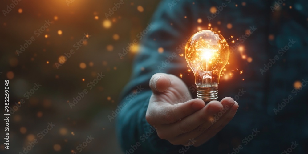 Poster a man holds a glowing light bulb, representing the spark of creativity, innovation, and inspirationa