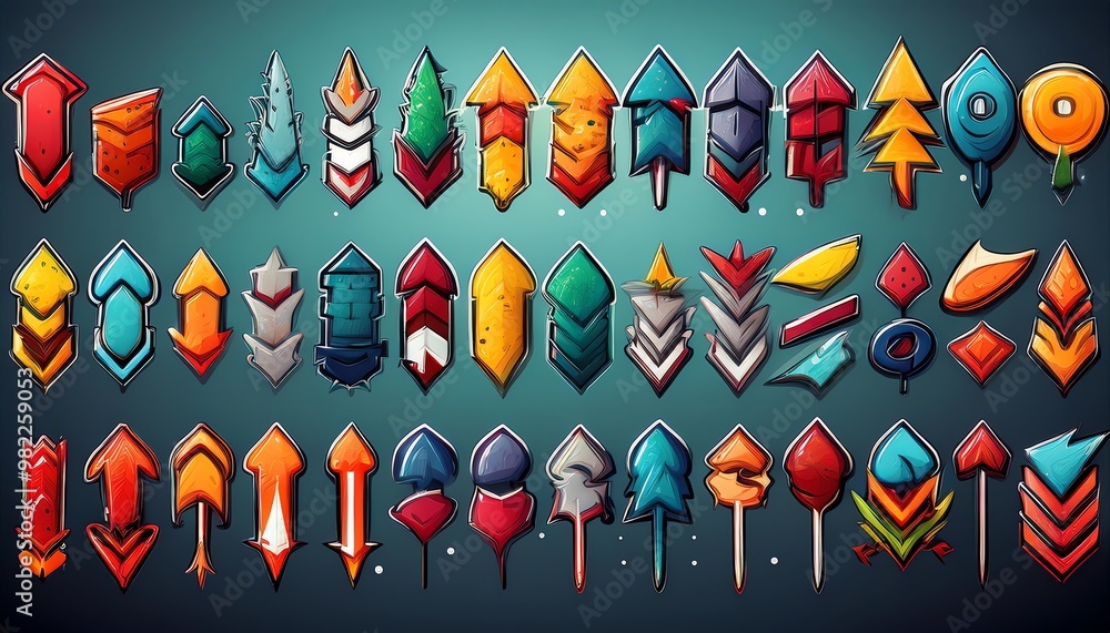 Poster a vibrant collection of colorful arrows and icons, each uniquely designed, showcasing various shapes