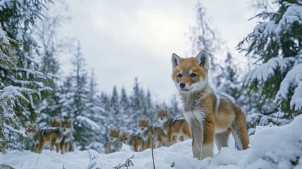Adorable Baby Wolf Standing Proudly with Pack in a Snow-Covered Forest under an Overcast Sky
