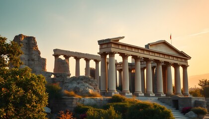 Obraz premium Ancient Roman Temple Ruins at Sunset with Lush Greenery