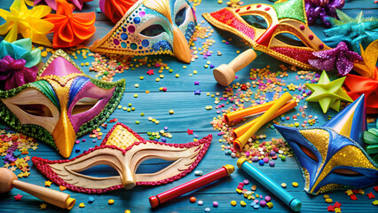 Obraz premium Closeup of isolated Purim carnival accessories and decor including masks, hats, and noisemakers , Purim, carnival, accessories