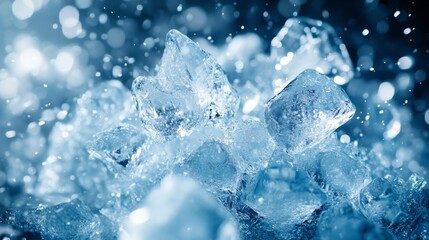 Obraz premium Close-up of Clear Ice Cubes with Water Droplets and Blue Bokeh