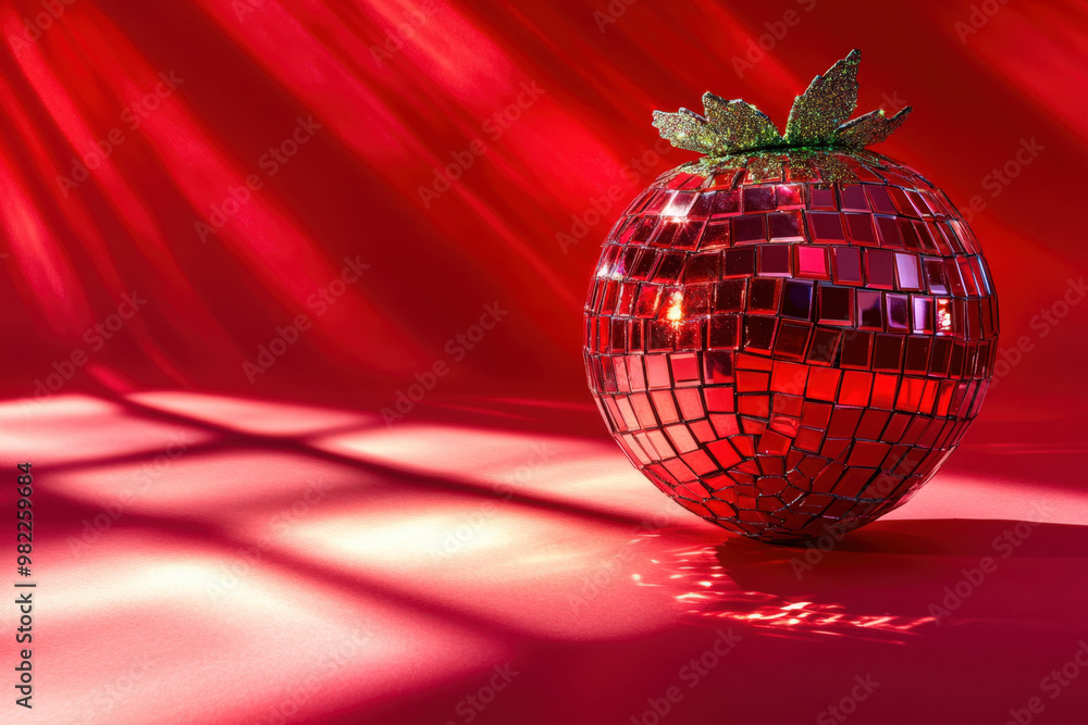 Aufkleber sparkling disco ball shaped like a fruit standing on red background with light rays creating a festi
