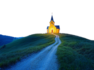 A small chapel church on top of a grass hill. Small dirt path leading to a church on a hill. Dusk hues. Isolated transparent background PNG. 