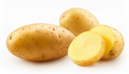 Potato root vegetable, many angles view side top front group slice cut on white isolated background