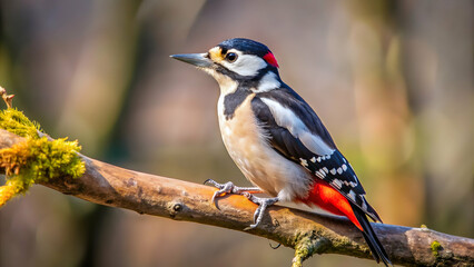 Fototapeta premium Great spotted woodpecker perched on branch of street tree in Bobingen, woodpecker, great spotted, bird, tree, branches