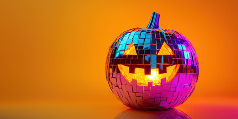 Disco ball pumpkin glowing on an orange background for halloween party