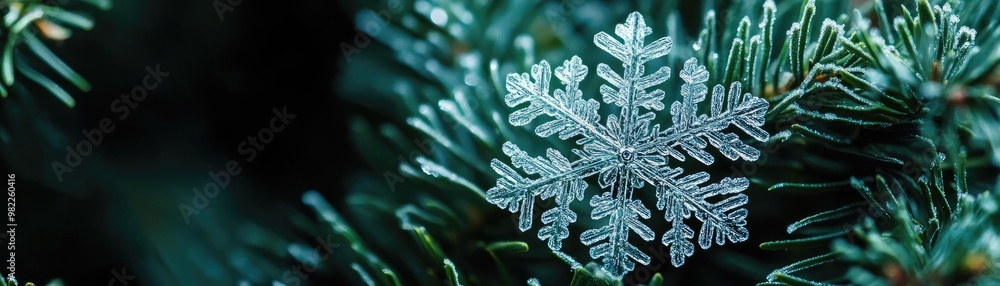 Poster close-up view of a delicate snowflake resting on lush evergreen needles, capturing the beauty of win