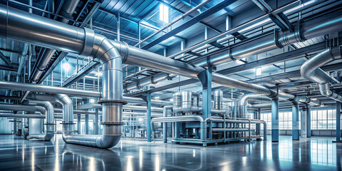 Fototapeta premium Futuristic industrial factory interior with exposed piping , manufacturing, technology, innovation, machinery