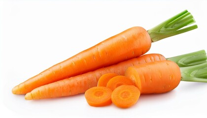carrot root vegetable, many angles view side top front group slice cut on white isolated background with text space.