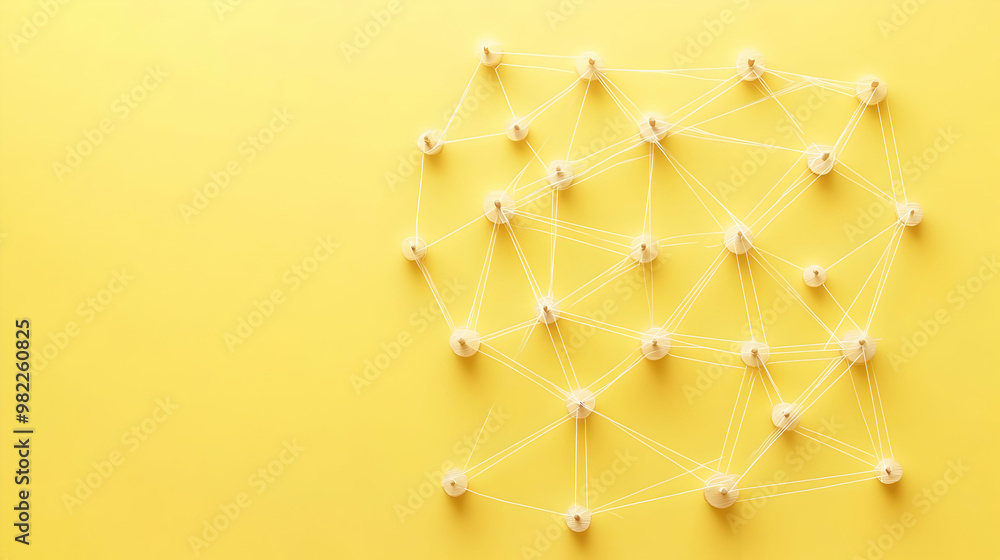 Poster abstract network illustration of wooden circles connected by white strings on a yellow background