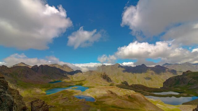 Time lapse of the lakes on the top of hill with motion of the clouds. Ispir Yedigoller in Erzurum province of Turkey.