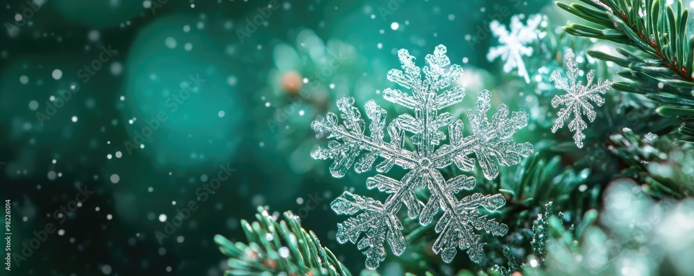 Poster A beautiful snowflake delicately resting on a pine branch, surrounded by gentle snowfall, capturing the essence of winter's beauty.