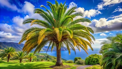 Fototapeta premium A majestic Canary Island palm sways gently amidst a tapestry of lush greenery, bringing serenity to the tropical