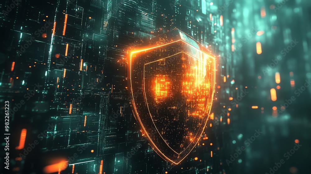 Poster digital shield protection with glow effect on abstract tech background.