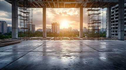 A view of a city skyline from an unfinished concrete floor of a building under construction with scaffolding and support beams,  with a setting sun in the background.