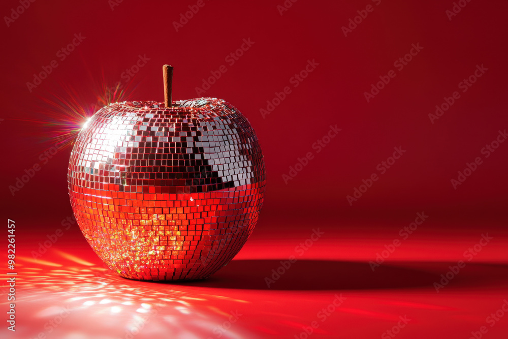 Poster shiny red apple covered in hundreds of small mirror tiles reflecting light on a red background