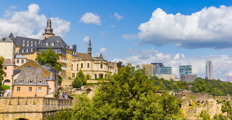 Fototapeta premium Panorama of old houses and church towers at the surrounding walls of Luxembourg city