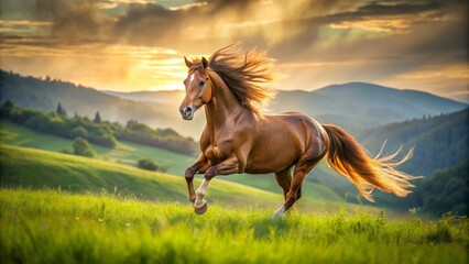 Obraz premium A majestic horse gallops through a plush emerald field, its silky mane and tail blowing in the wind,