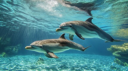 Fototapeta premium Serene Moment of a Baby Dolphin Swimming with Mother in Crystal Clear Water under Sun Rays