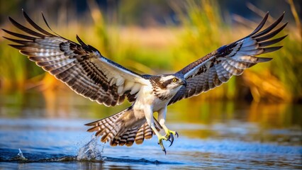 A majestic osprey soars through the air, wings outstretched, talons extended, and eyes fixed on the sparkling water