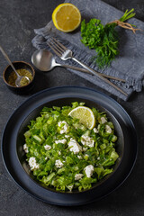 Classic Greek green lettuce salad with feta cheese
