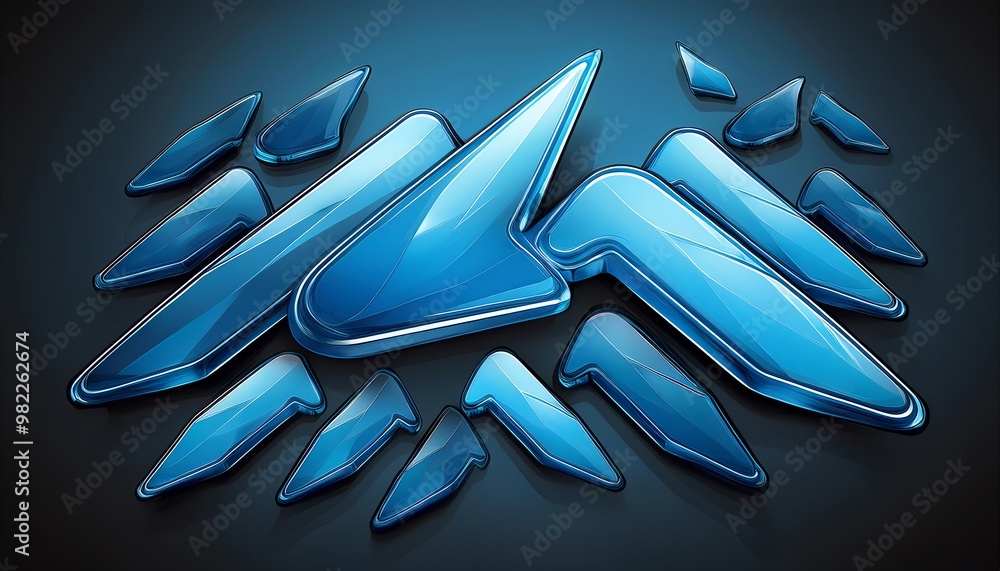 Poster a vibrant blue logo made of sharp-edged shapes arranged in a dynamic pattern against a dark backgrou