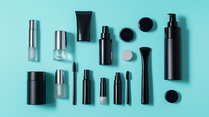 Obraz premium A collection of various black cosmetic containers arranged on a bright turquoise surface highlighting beauty products and accessories